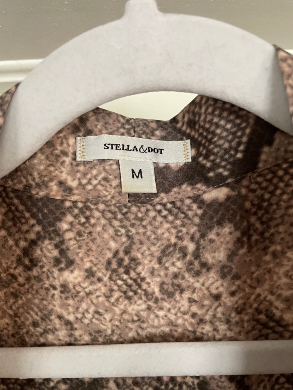 Stella & Dot Taupe and Brown Snake-Print Tie-Neck Blouse - Picture 15 of 16